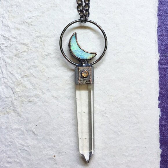 Quartz, Monarch Opal Crescent Moon Necklace in Electroformed Copper by Query Eve - Picture 10 of 10